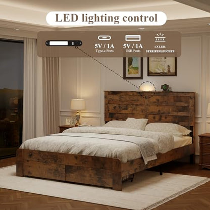 Farmhouse Wooden Platform Bed with 2 Storage Drawers and Dual USB Ports for Bedroom, Space-Saving Queen Size Bed Frame with Storage Headboard and Metal Slats Support, No Box Spring Needed