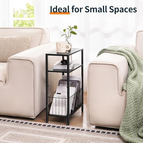 Narrow Side Table with Storage Basket, Small End Table for Small Spaces, Skinny Side Tables Living Room Bedroom Office, Slim Nightstand 3 Tier Bedside Table Space-Saving for Magazine, Black