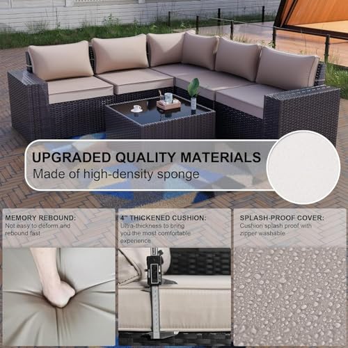 Outdoor Patio Furniture Set 6 Pieces Sectional Rattan Sofa Set Brown PE Rattan Wicker Patio Conversation Set with 5 Seat Cushions and 1 Tempered Glass Table,Sand