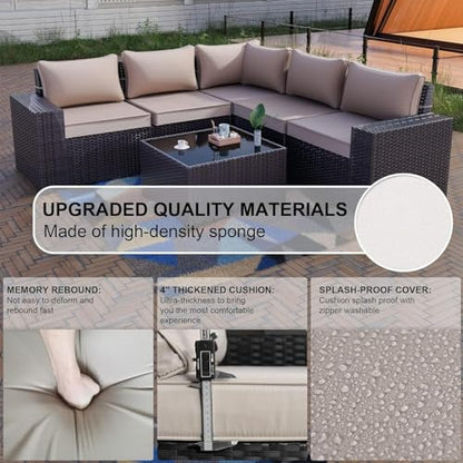 Outdoor Patio Furniture Set 6 Pieces Sectional Rattan Sofa Set Brown PE Rattan Wicker Patio Conversation Set with 5 Seat Cushions and 1 Tempered Glass Table,Sand