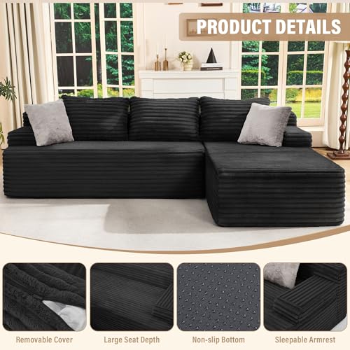 Boneless Couch Modular Sectional Sofa L-Shape Cloud Couch Lounge | 96" Right Facing Chaise Black,Memory Foam,Removable Cover,Non-slip Bottom,No Assemble Required,Furniture for Small Home
