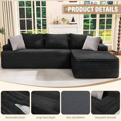 Boneless Couch Modular Sectional Sofa L-Shape Cloud Couch Lounge | 96" Right Facing Chaise Black,Memory Foam,Removable Cover,Non-slip Bottom,No Assemble Required,Furniture for Small Home