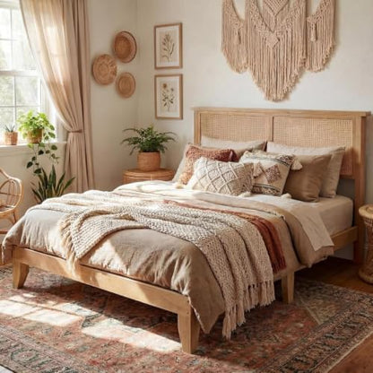 GAOMON Full Size Wood Bed Frame with LED Light and Rattan Headboard, view 2