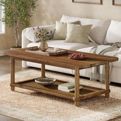 47" Rectangle Coffee Table, Solid Wood Center Table with 2-Tier Storage, Modern Farmhouse Coffee Furniture for Living Room, Home & Family Room, Natural Brown