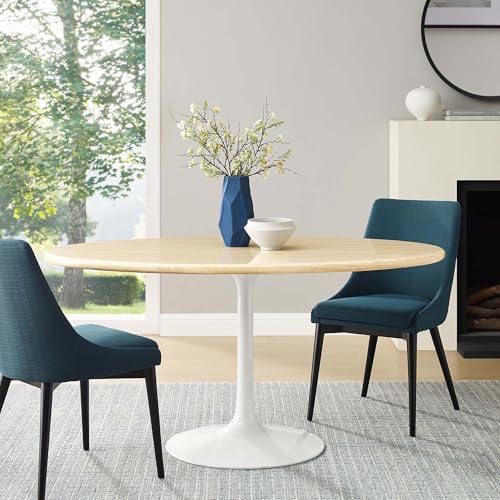 Lippa 60Inch Oval Dining Table Faux Travertine Stone White Finish Modern Kitchen Room Entertaining Home Furniture Quality Stylish Elegant Durable Refined Versatile