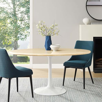 Lippa 60Inch Oval Dining Table Faux Travertine Stone White Finish Modern Kitchen Room Entertaining Home Furniture Quality Stylish Elegant Durable Refined Versatile
