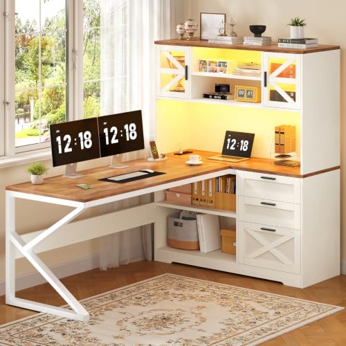 59” Farmhouse L Shaped Desk with Drawers, Storage Shelves for Home Office, view 2