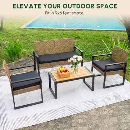 Wicker Patio Furniture Outdoor Conversation Set of 4, Rattan Outdoor Furniture Set, Acacia Wood Table, 2 Chairs, 1 Loveseat, 2” Cushions, All Weather Set for Patio, Porch, Balcony (Brown)