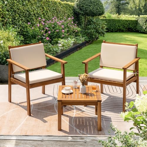 Outdoor Patio Furniture, 3 Piece Bistro Sofa Set with 1 Coffee Table and 2 Chairs, Acacia Wood Conversation Sets with Cushions, for Garden, Backyard, Poolside, White
