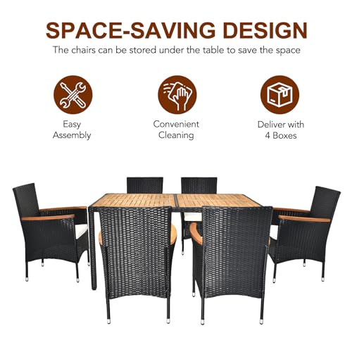 7 Pieces Patio Dining Set, Wicker Outdoor Dining Set for 6 Patio Furniture Set with Acacia Wood Table Outdoor Table and Chairs for Garden and Yard