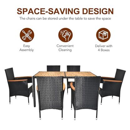 7 Pieces Patio Dining Set, Wicker Outdoor Dining Set for 6 Patio Furniture Set with Acacia Wood Table Outdoor Table and Chairs for Garden and Yard