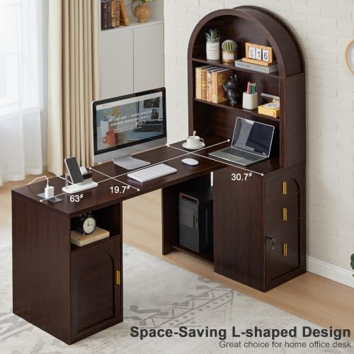 63 inch L-Shaped Desk with Arched Hutch Bookshelf, Dark Walnut, view 7