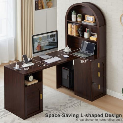 63 inch L-Shaped Desk with Arched Hutch Bookshelf, Dark Walnut, view 7