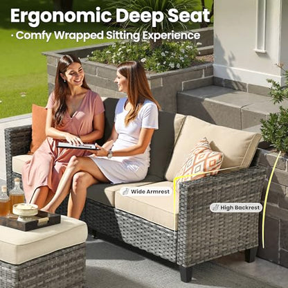 Patio Sofa 3 Pieces Patio Furniture Set Outdoor Wicker Sofa Couch with Ottomans Thick Cushions, All Weather Rattan Conversation Set for Porch Backyard Deck, Beige