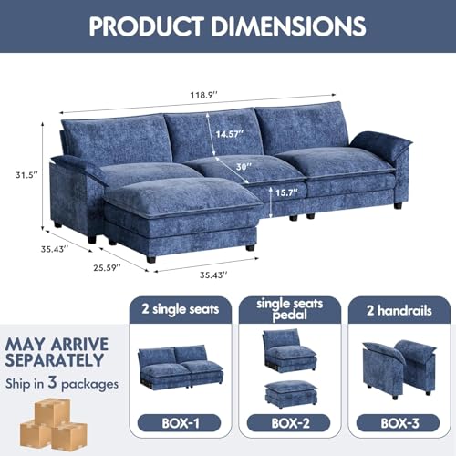 119" Modular Sectional Sofa, L Shaped Sofa Couch with Reversible Ottoman, DIY Combination Chenille Deep 3-Seat Cloud Couch for Living Room, Apartment (Dark Blue, L Shaped Sofa)