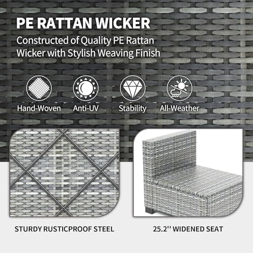 7 Piece Outdoor Patio Furniture Set, PE Rattan Conversation Sofa Set, Wicker Patio Set w/Thick Cushions & Glass Top Coffee Table, All-Weather Outside Furniture for Garden, Balcony, Porch(Grey)