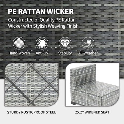 7 Piece Outdoor Patio Furniture Set, PE Rattan Conversation Sofa Set, Wicker Patio Set w/Thick Cushions & Glass Top Coffee Table, All-Weather Outside Furniture for Garden, Balcony, Porch(Grey)
