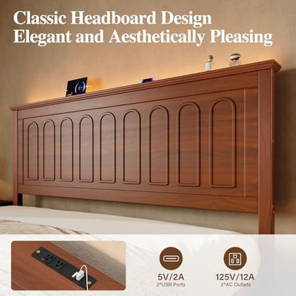 King Size Platform Bed Frame with Headboard, Brown, view 4