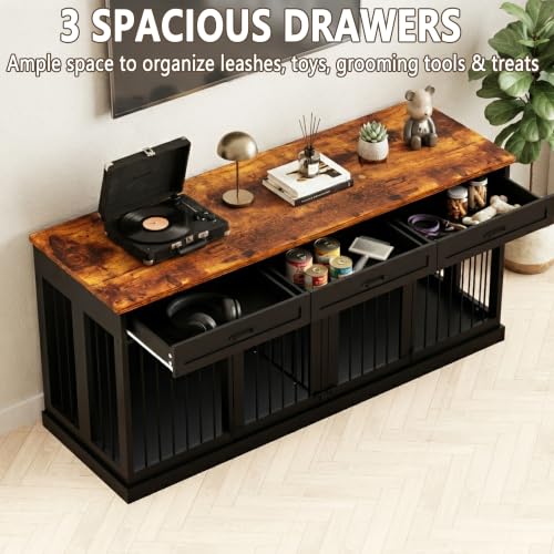 71" Double Dog Crate Furniture TV Stand with Removable Divider & 3 Drawers, view 4