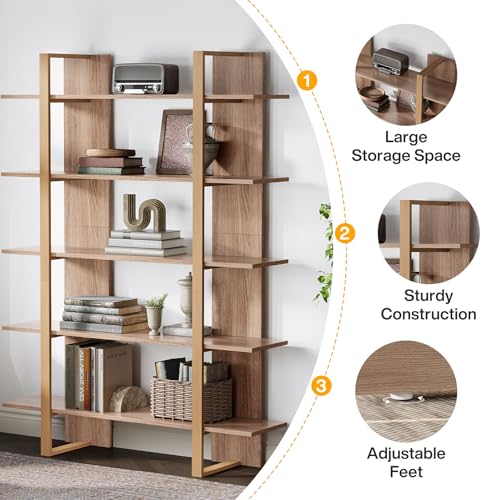 Tribesigns 5-Tier 47 Inches Bookshelf Bookcase, Boho Open Bookshelves Etagere Display Office Shelving Unit, for Living Room, Office & Bedroom, Metal & Wood, Retro Dark Brown