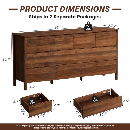 63.1" Wide 10 Drawer Wood Dresser for Bedroom with Legs, Walnut, view 3