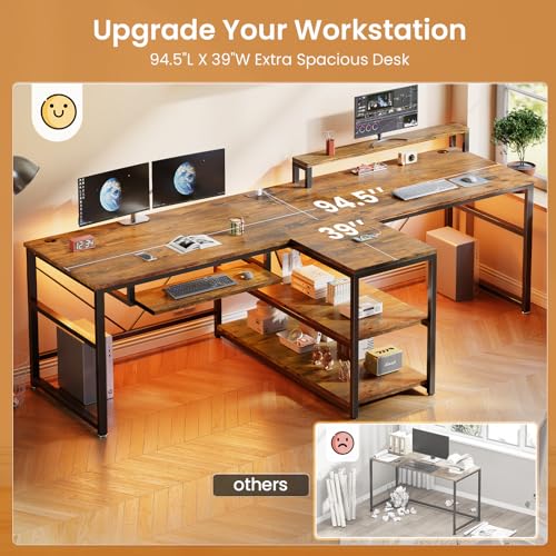 94.5" Home Office Desks, Computer Gaming Desk with Storage, LED Lights, Power Strip with USB, Keyboard Tray & Monitor Stand, Extra Long Double Desk for 2 Person, Rustic Brown