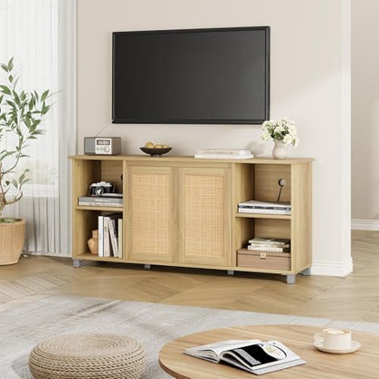 Rattan TV Stand for 65" TVs, Natural Oak Media Console, view 7