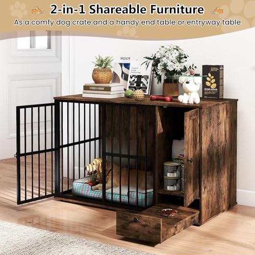 47.5" Dog Crate Furniture with Hidden Feeding Drawer & Side Storage Cabinet, view 3