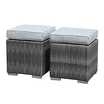 2 Pieces Assembled Outdoor Patio Ottoman, Indoor Outdoor All-Weather Grey Wicker Rattan Outdoor Footstool Footrest Seat with Light Grey Cushions, No Assembly Required