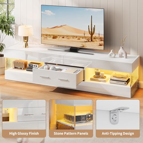 67" Modern TV Stand for 75 Inch TV, LED Entertainment Center, White, view 5