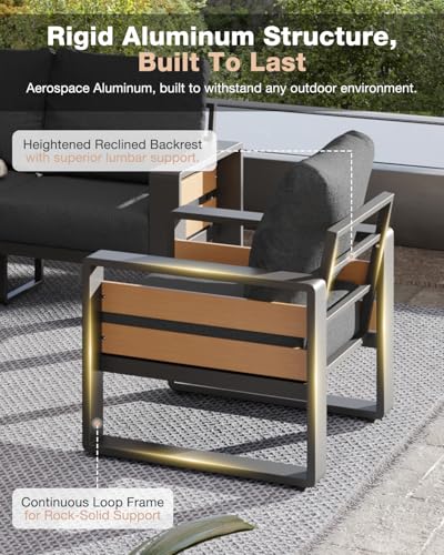 Aluminum Patio Furniture Set, 5 Piece Luxury Outdoor Sectional with 6" Olefin Fabric Cushions, Patio Conversation Sets with Coffee Table and Waterproof Cover for Backyard, Porch Dark Grey