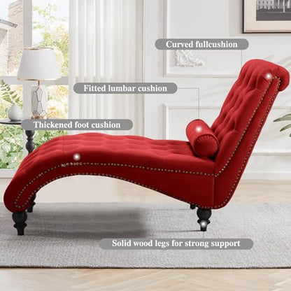 61" Velvet Tufted Chaise Lounge, Upholstered Sofa Chair with Wood Legs Red, view 4