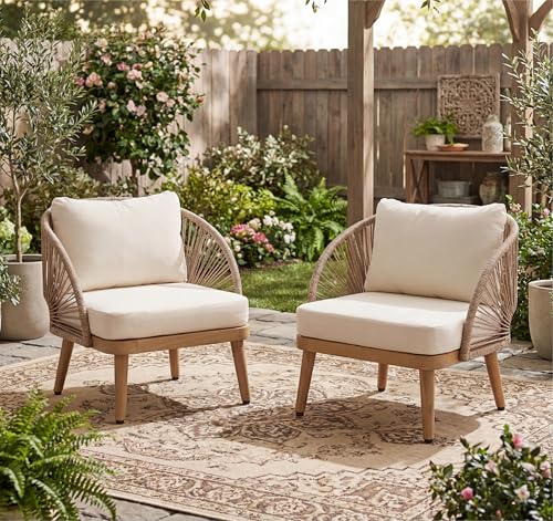 Lydia Set of 2 Boho Patio Furniture Acacia Wood Club Chairs, Outdoor Lounge Chairs, Modern Tub Accent Chairs/Arm Chairs with Rope Woven and Removable Cushions, Natural+Beige