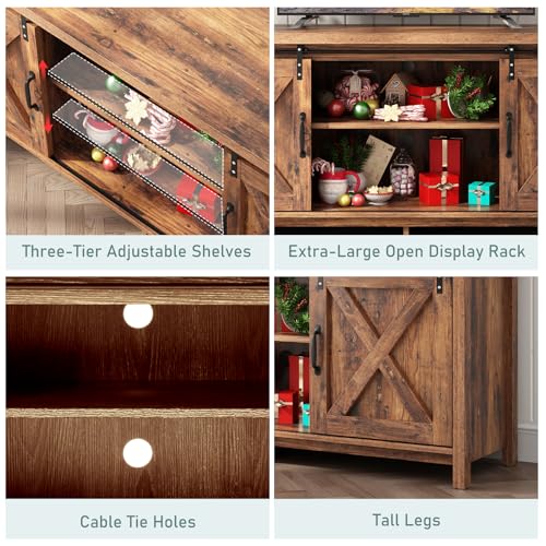 Farmhouse TV Stand for 55-65in TV with Adjustable Shelves & Sliding Barn Door - Rustic, Wooden Entertainment Center & Media Cabinet for Bedroom, Living Room (Dark Brown, 58in)