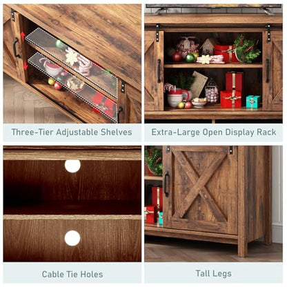 Farmhouse TV Stand for 55-65in TV with Adjustable Shelves & Sliding Barn Door - Rustic, Wooden Entertainment Center & Media Cabinet for Bedroom, Living Room (Dark Brown, 58in)