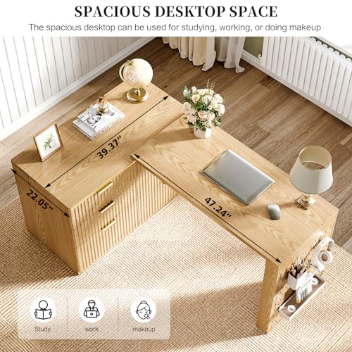 L Shaped Expandable Desk,47" Home Office Desks, Executive, Farmhouse Computer Desk with 6 Drawers File Drawer, Rustic Computer Writing, Oak