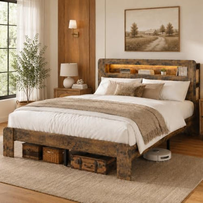 Farmhouse Queen Bed Frame, Storage Headboard with LED Charging, Brown, view 2