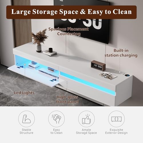 Solid Wood Floating TV Stand with LED Lighting & Power Outlet, view 5