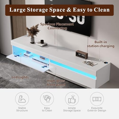 Solid Wood Floating TV Stand with LED Lighting & Power Outlet, view 5