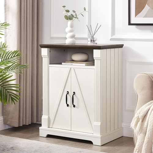 24" Farmhouse Storage Cabinet with Barn Doors, Antique White Freestanding Sideboard Buffet with Adjustable Shelf, Pantry Hutch Coffee Bar for Kitchen Bathroom Living Room - Small Floor Cabinet