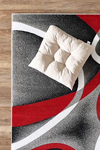 Modern Red Area Rug 4x6 Grey Swirls Carpet Bedroom Living Room Contemporary Dining Accent Sevilla Collection 4816A (Red)