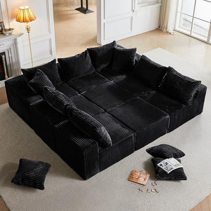 Sleeper Sofa 9 Seater Boneless Couch Modular Sectional Sofa | Cloud Couch Sectional Couches for Living Room, U Shaped Couches with Ottomans No Assembly Required, Black