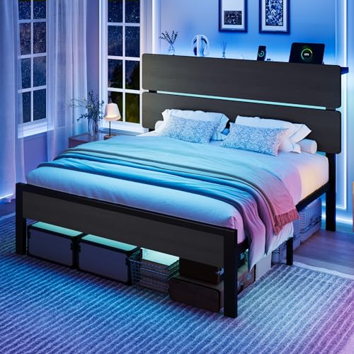 Queen Bed Frame LED Lighting Charging Storage, view 2