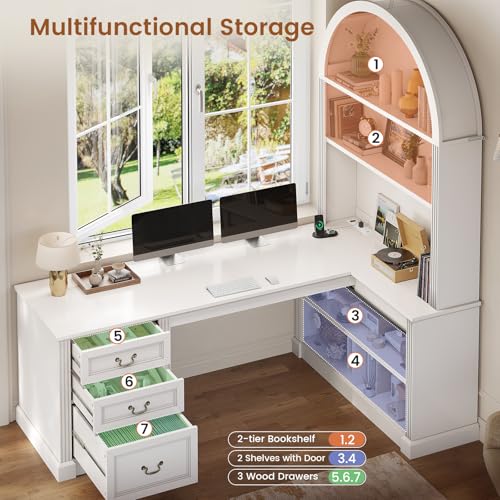 67" L Shaped Desk with Tall Arched Bookshelf & 3 Drawers Storage, view 6