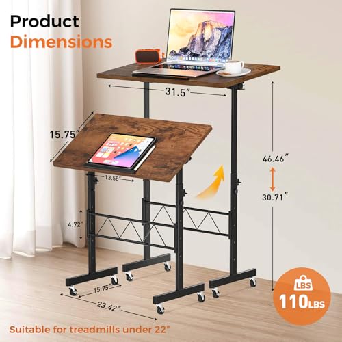 Standing Desk Adjustable Height & Tiltable Tabletop, Portable Stand Up Desk for Laptop, Mobile Folding Desk for Home Office Work and Walking Pad Treadmill, Height 30.7"-46.4", Brown