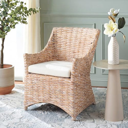 SAFAVIEH Furniture - Ventura Arm Chair - White & White-Washed - Mango Wood - Coastal Rattan Design - Ideal for Living Room, Sunroom, Bedroom, 18.1" Seat Height - Fully Assembled (FOX6505B)