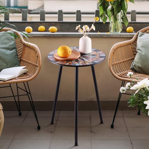 1 Pack Metal Mosaic Round Side Table Small 13.4" End Patio Round Accent Table Garden Corner Stand for Small Spaces Weather-Resistant for Balcony Plant Stand Indoor Outdoor