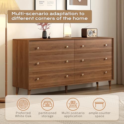 Dresser for Bedroom, 55 Inch 6 Drawer Wooden Chest of Drawers, view 7