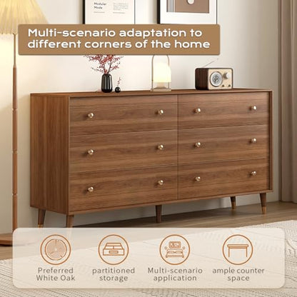 Dresser for Bedroom, 55 Inch 6 Drawer Wooden Chest of Drawers, view 7