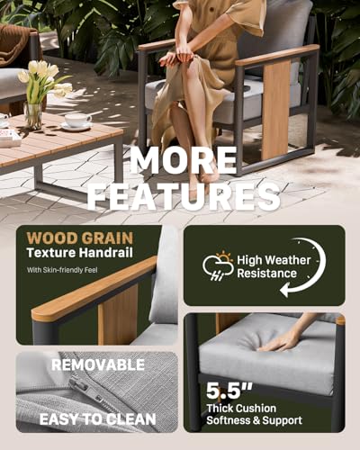 Aluminum Outdoor Patio Furniture Set – 2 Pcs Armchair with Washable Thick Cushions,All-Weather Modern Metal Furniture for Garden,Backyard,Porch,Grey